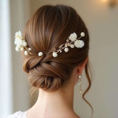 Elegant bridal updo hairstyle with braids and floral accents